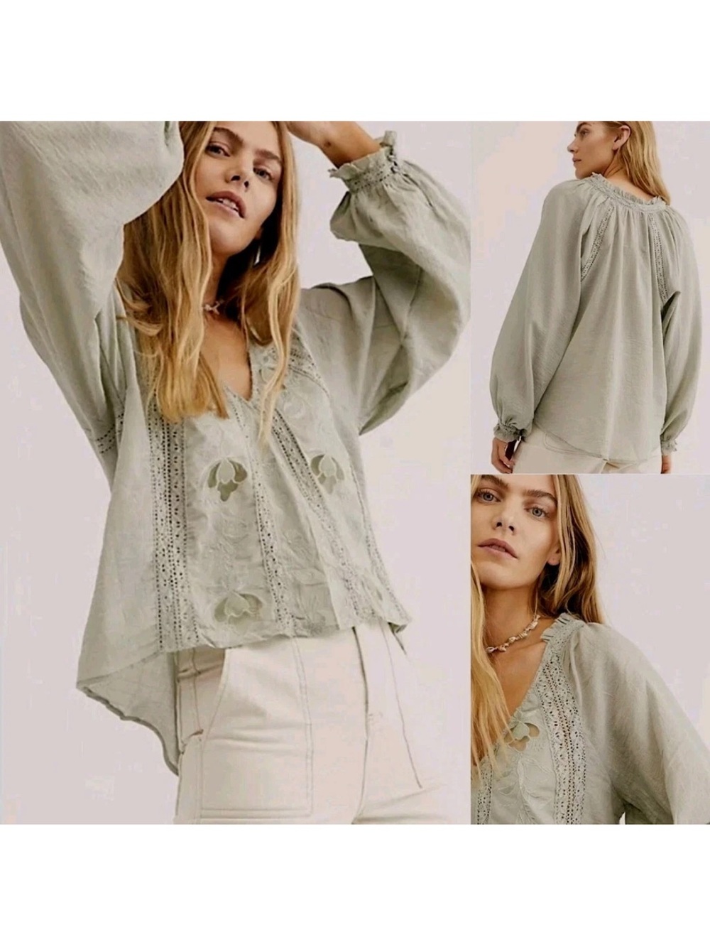 Free People Sage Green Embroidered Peasant Blouse